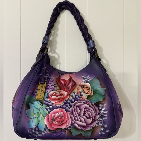 ANUSCHKA Purple Floral Triple Compartment Satchel Shoulder Leather Bag - Picture 1 of 16